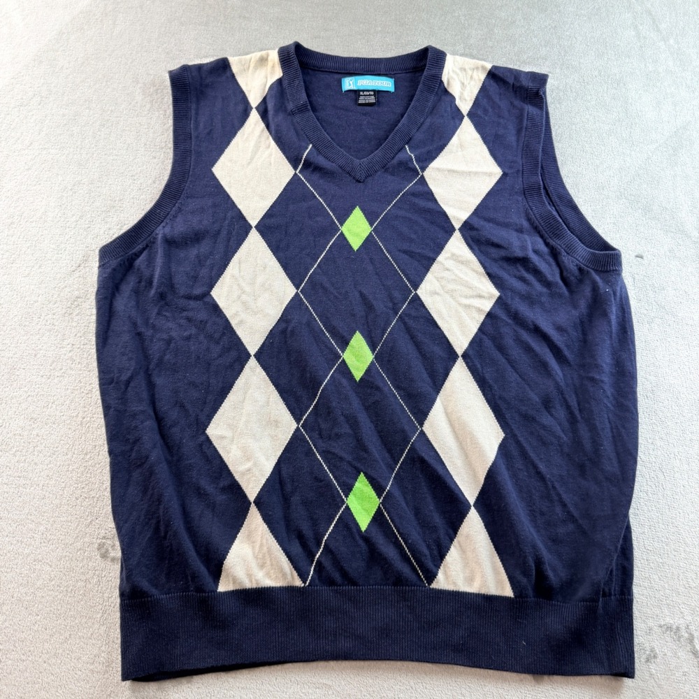 PGA Tour Men's XL Argyle V-Neck Sweater Vest Navy Blue Cream Green Cotton